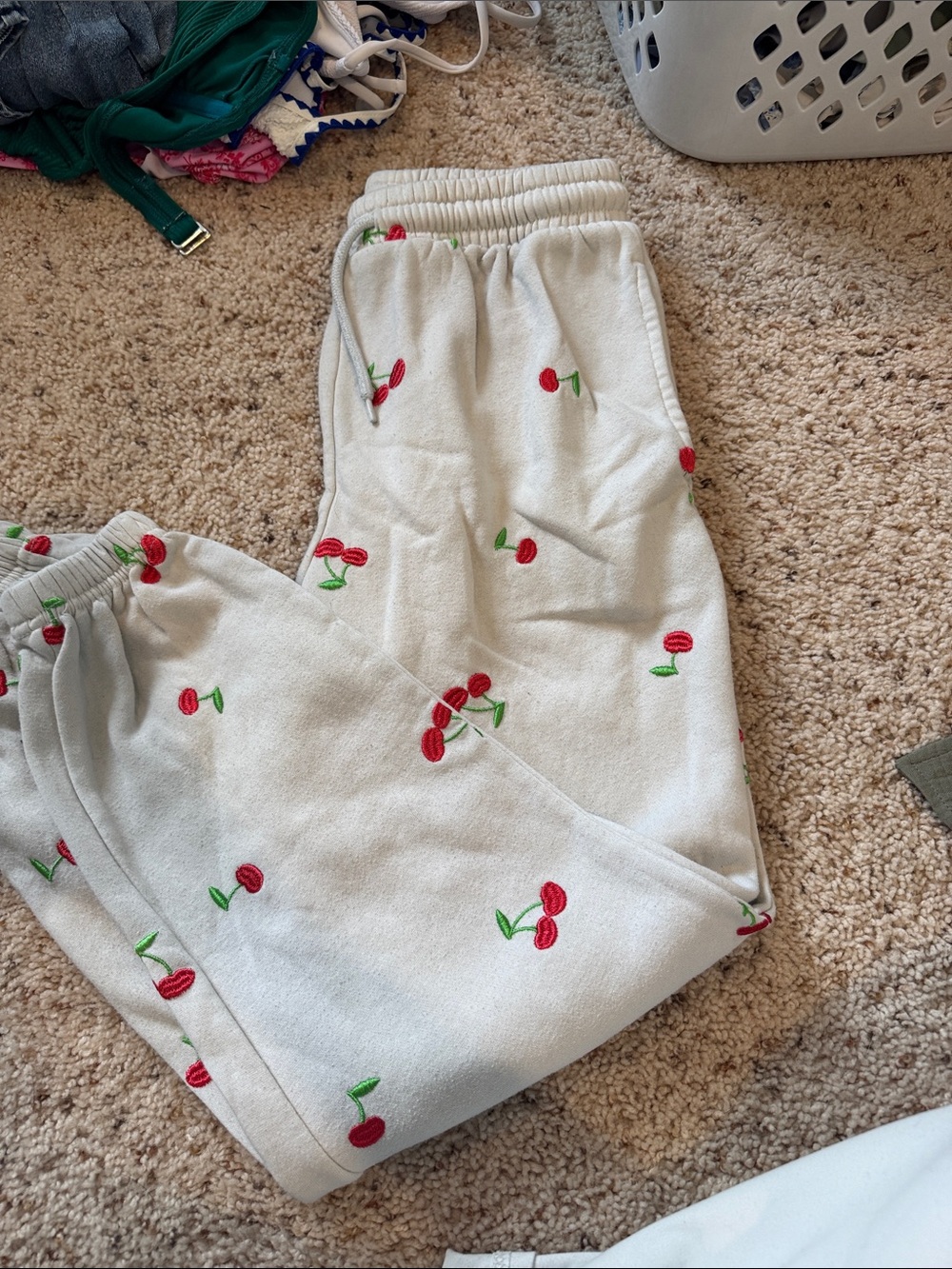 Kids Cream Sweatpants with Red Cherry Embroidery